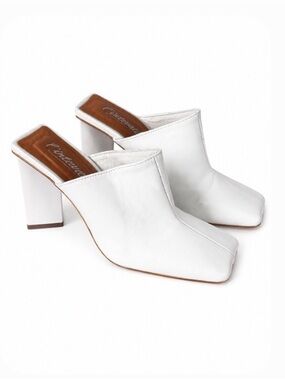 L'INTERVALLE White Leather Square-Toe Mule Heels